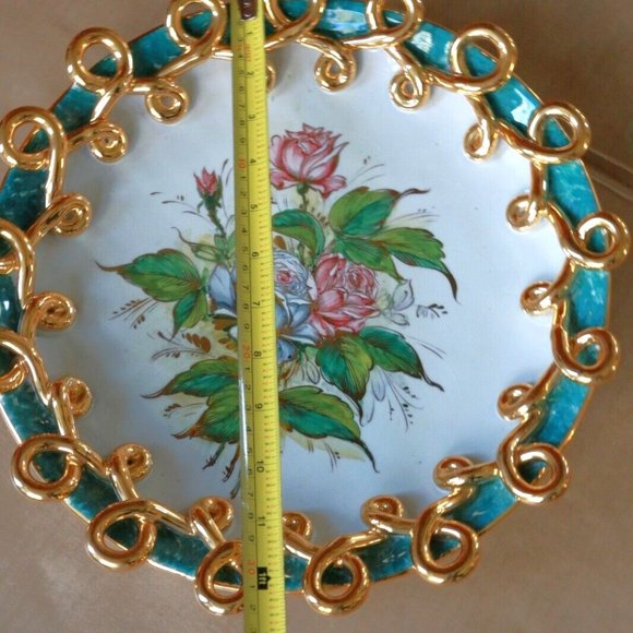 Vintage estate platter bowl majolica MICA ITALY gold loop trim floral design - Picture 2 of 7